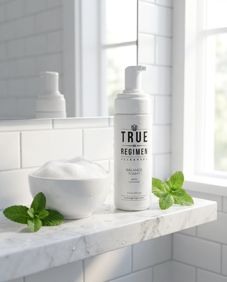 True Regimen Balance Foamy Cleanser styled on a marble vanity in soft window light