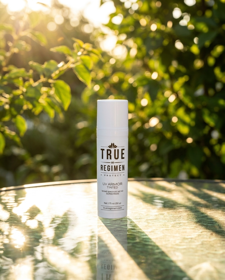 True Regimen UV Armor Tinted Sunscreen styled on a marble vanity in soft window light