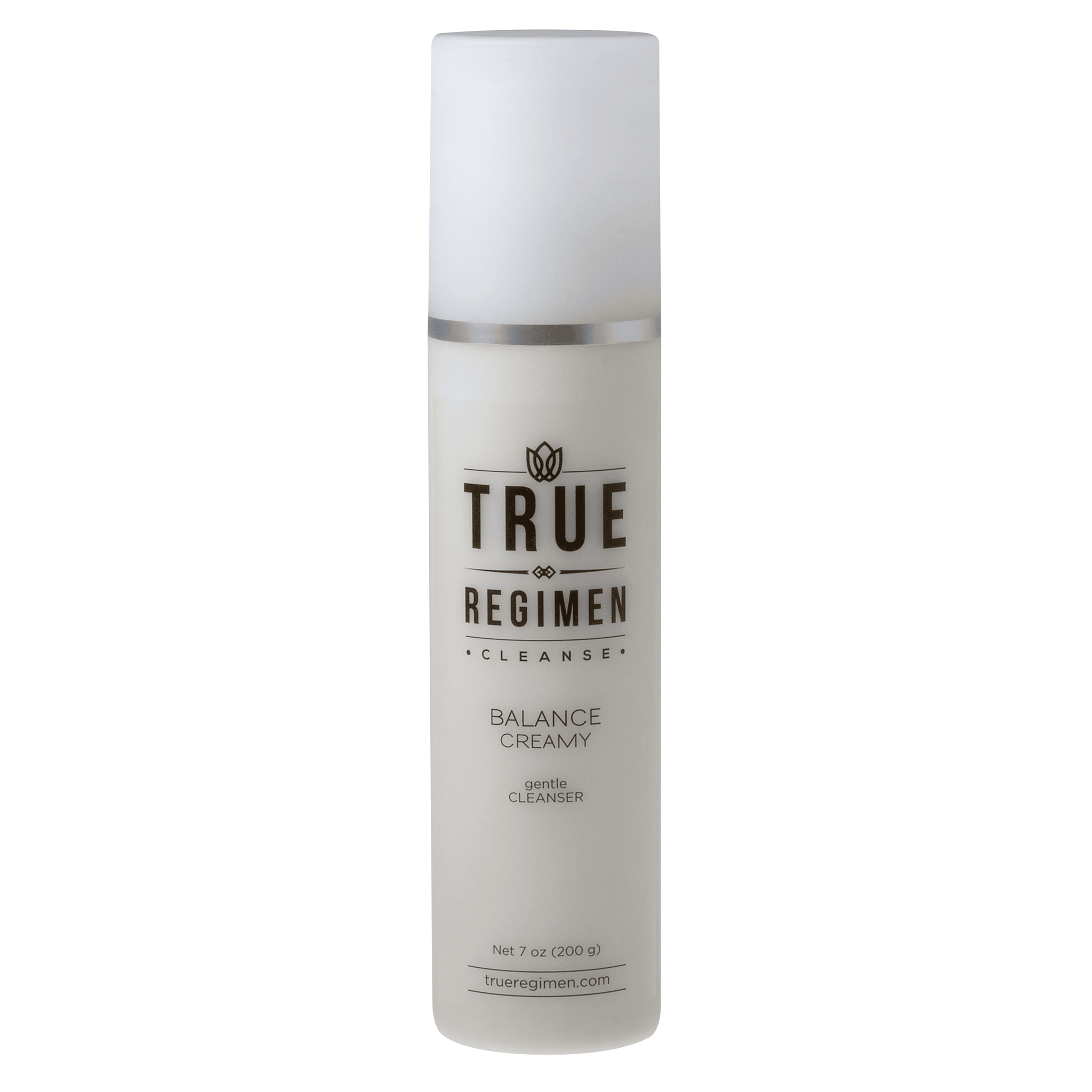 True Regimen Balance Creamy Cleanser in a white tube with cap on a clean white background