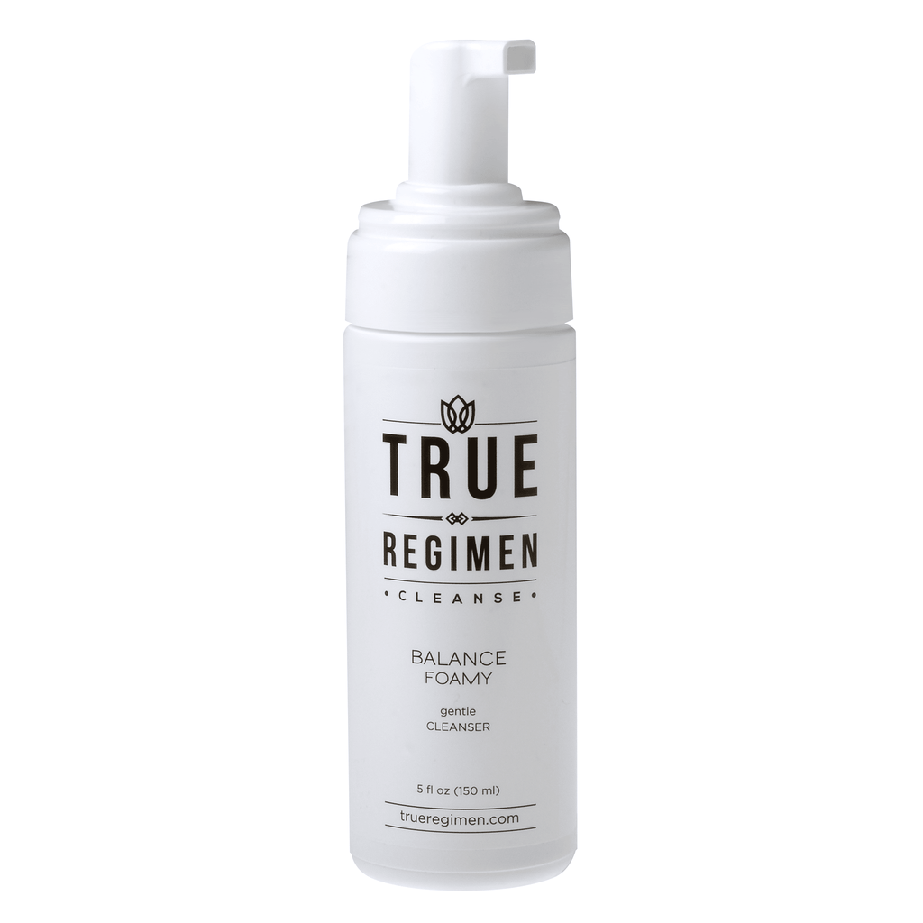 True Regimen Balance Foamy Cleanser in a white foaming pump bottle on a clean white background