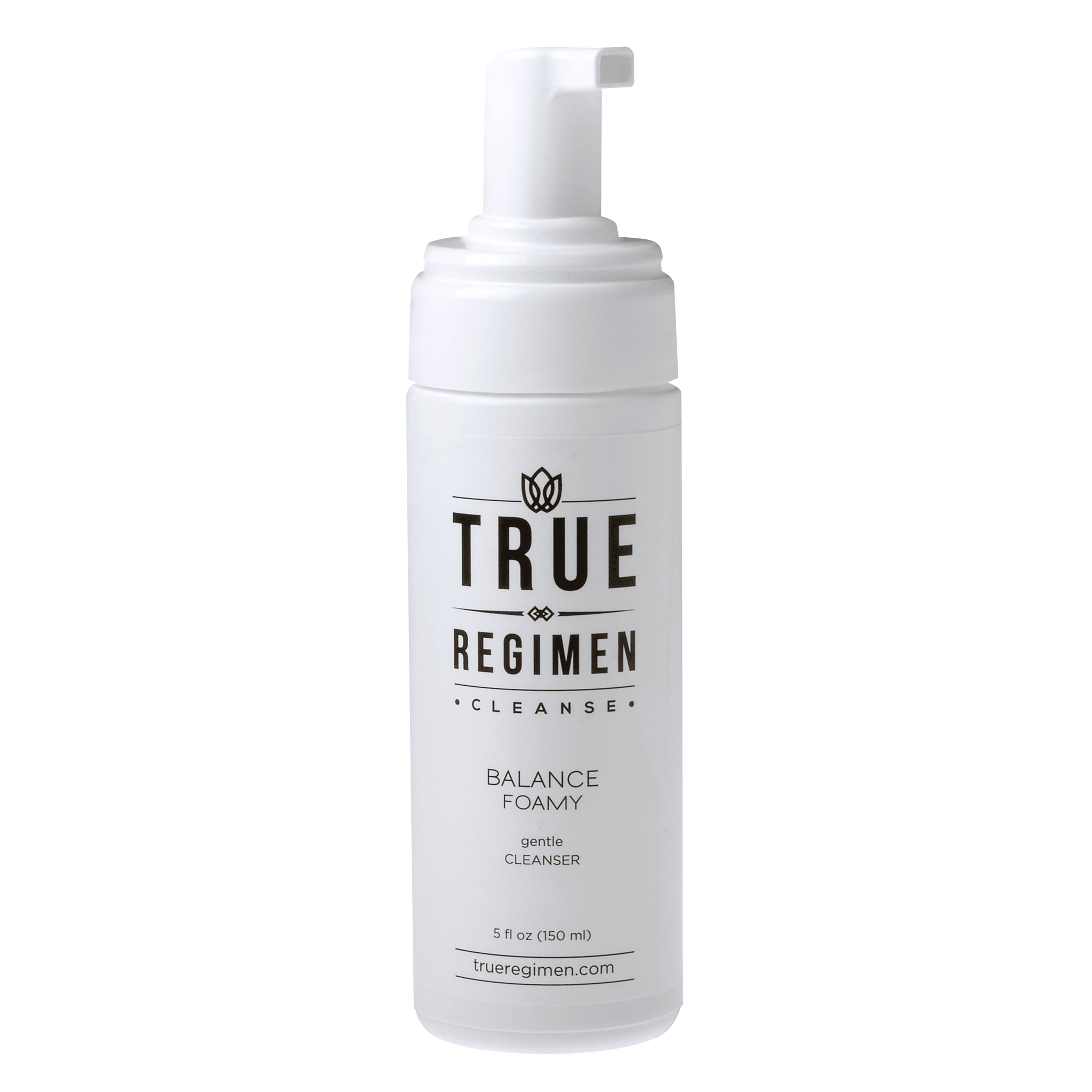True Regimen Balance Foamy Cleanser in a white foaming pump bottle on a clean white background