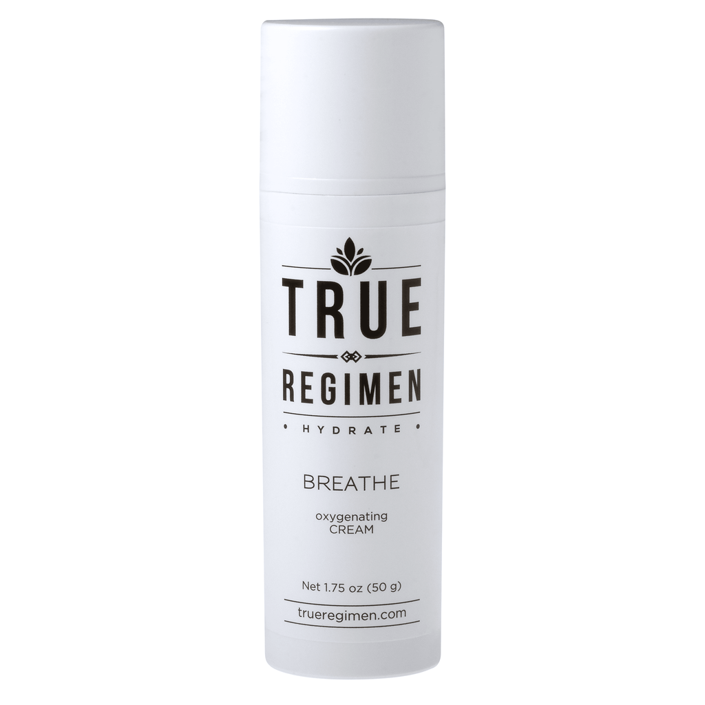 True Regimen Breathe oxygenating moisturizer in a frosted glass bottle with cap on a clean white background