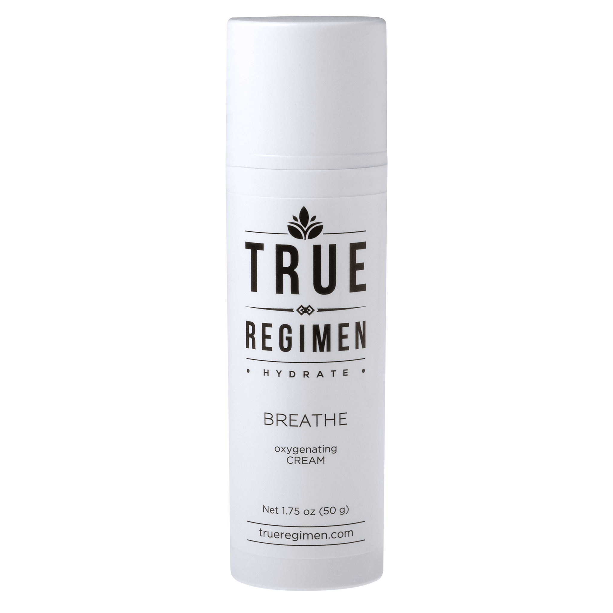 True Regimen Breathe oxygenating moisturizer in a frosted glass bottle with cap on a clean white background