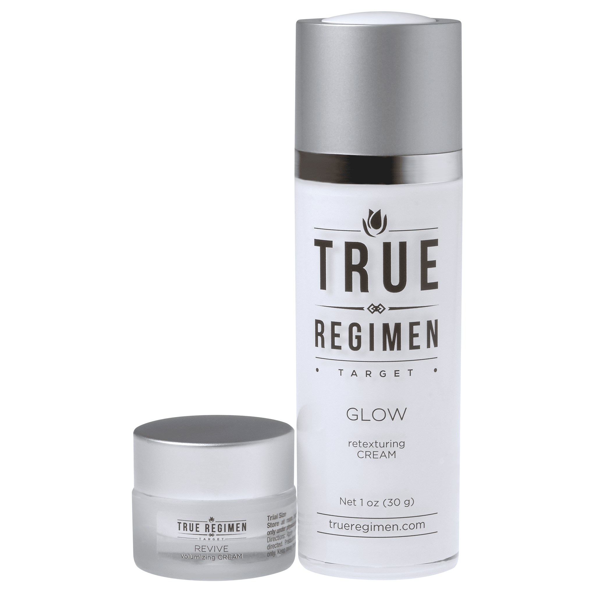True Regimen Glow Kit featuring the Glow and Revive bottles paired together on a clean white background