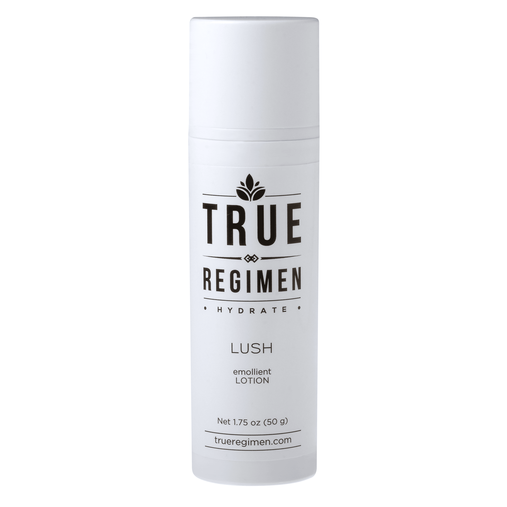 True Regimen Lush niacinamide barrier lotion in a frosted glass bottle with a black pump on a clean white background