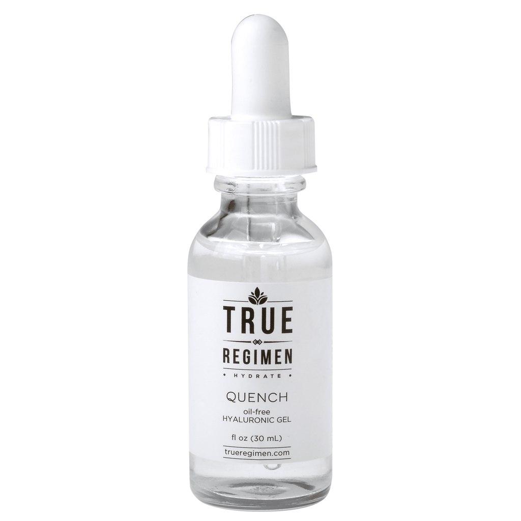 True Regimen Quench hydrating gel in a clear glass bottle with a black pump, photographed on a clean white background