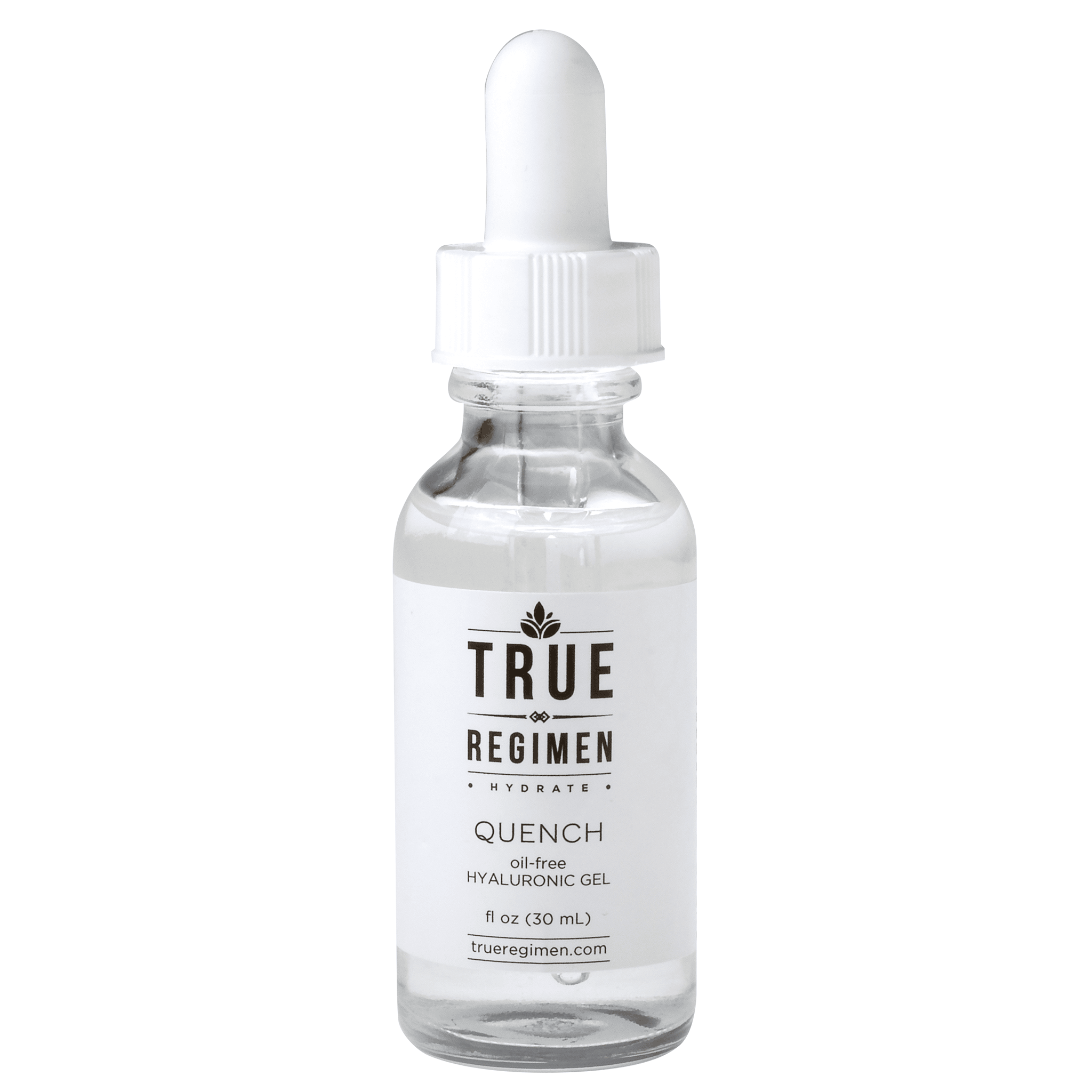 True Regimen Quench hydrating gel in a clear glass bottle with a black pump, photographed on a clean white background