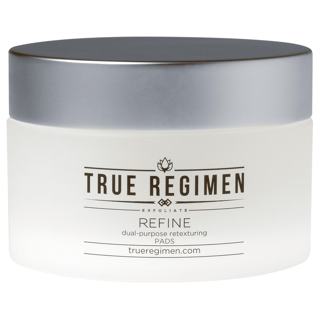 True Regimen Refine Peel Pads in a white jar on a clean white background