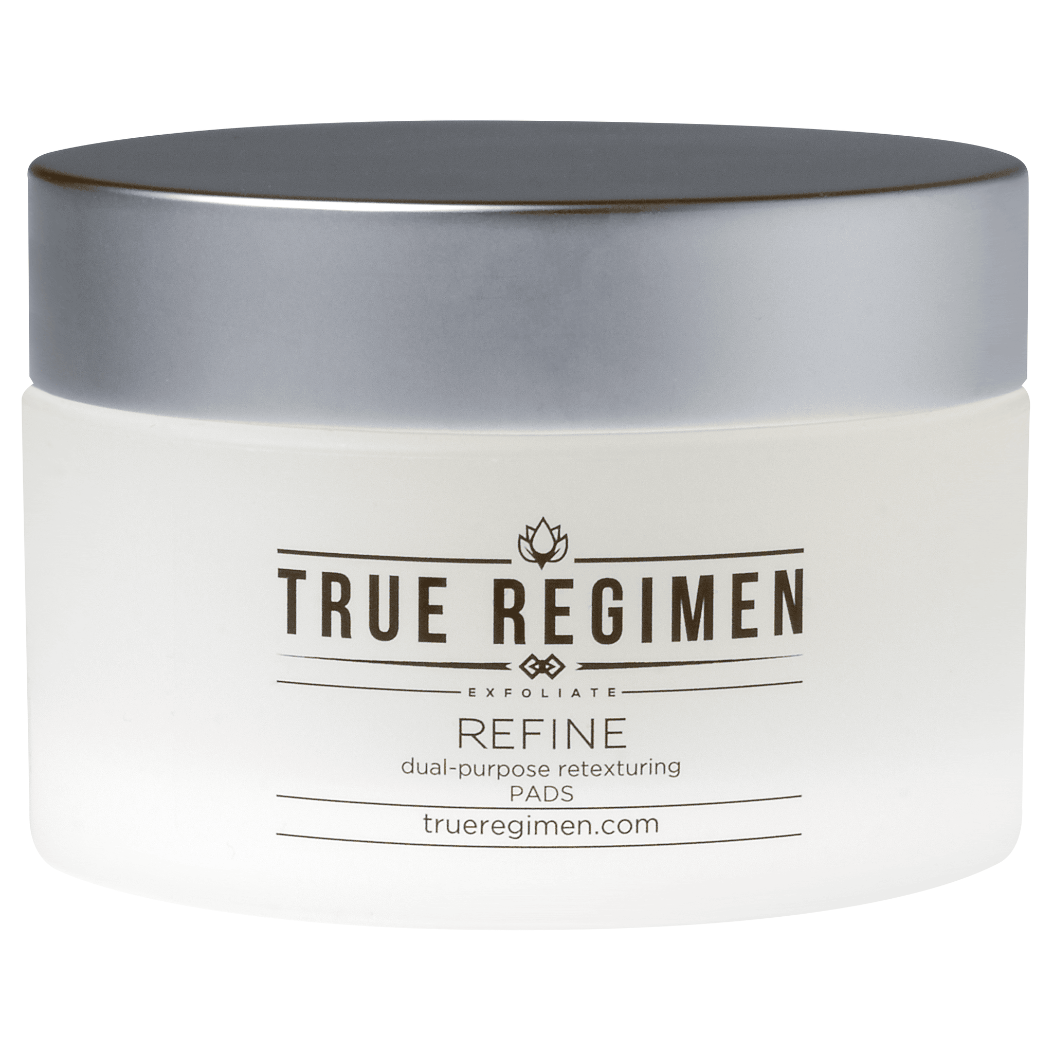 True Regimen Refine Peel Pads in a white jar on a clean white background