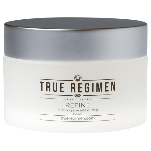 True Regimen Refine Peel Pads in a white jar on a clean white background