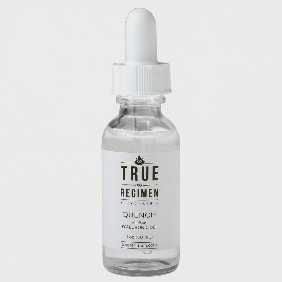 Animated product video of True Regimen Quench hydrating gel rotating against a clean studio backdrop