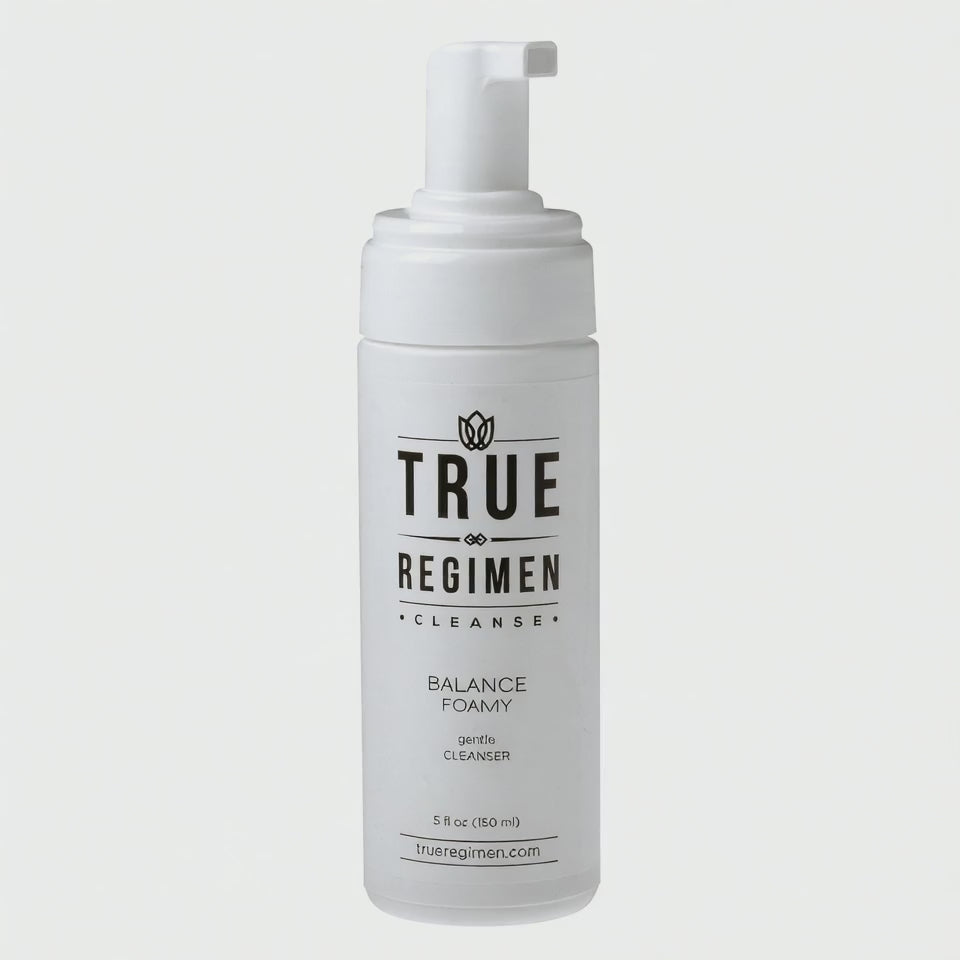 Animated product video of True Regimen Balance Foamy Cleanser against a clean studio backdrop