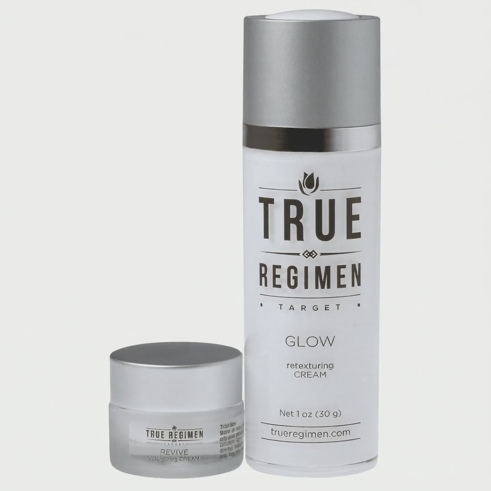 Animated product video of the True Regimen Glow Kit Glow and Revive bottles against a clean studio backdrop