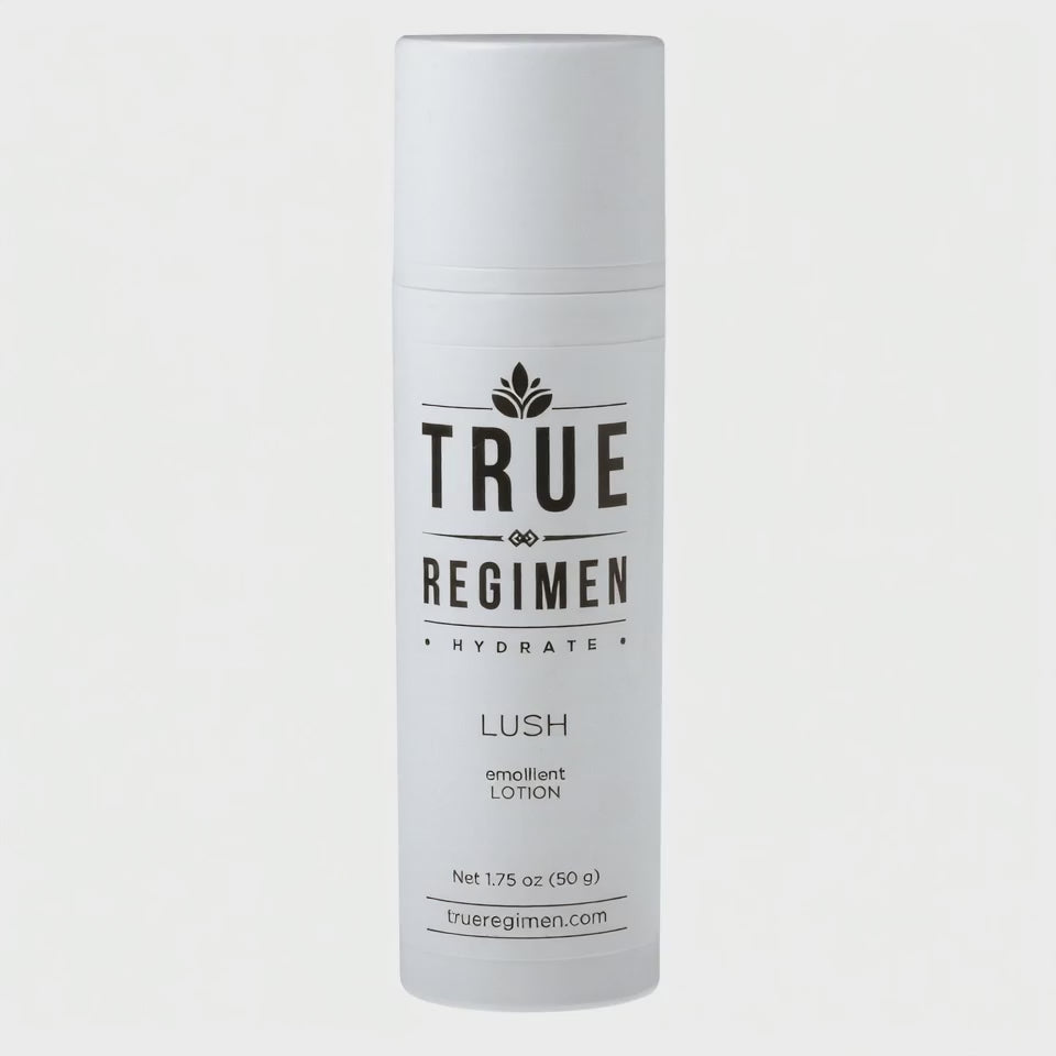 Animated product video of True Regimen Lush barrier lotion rotating against a clean studio backdrop