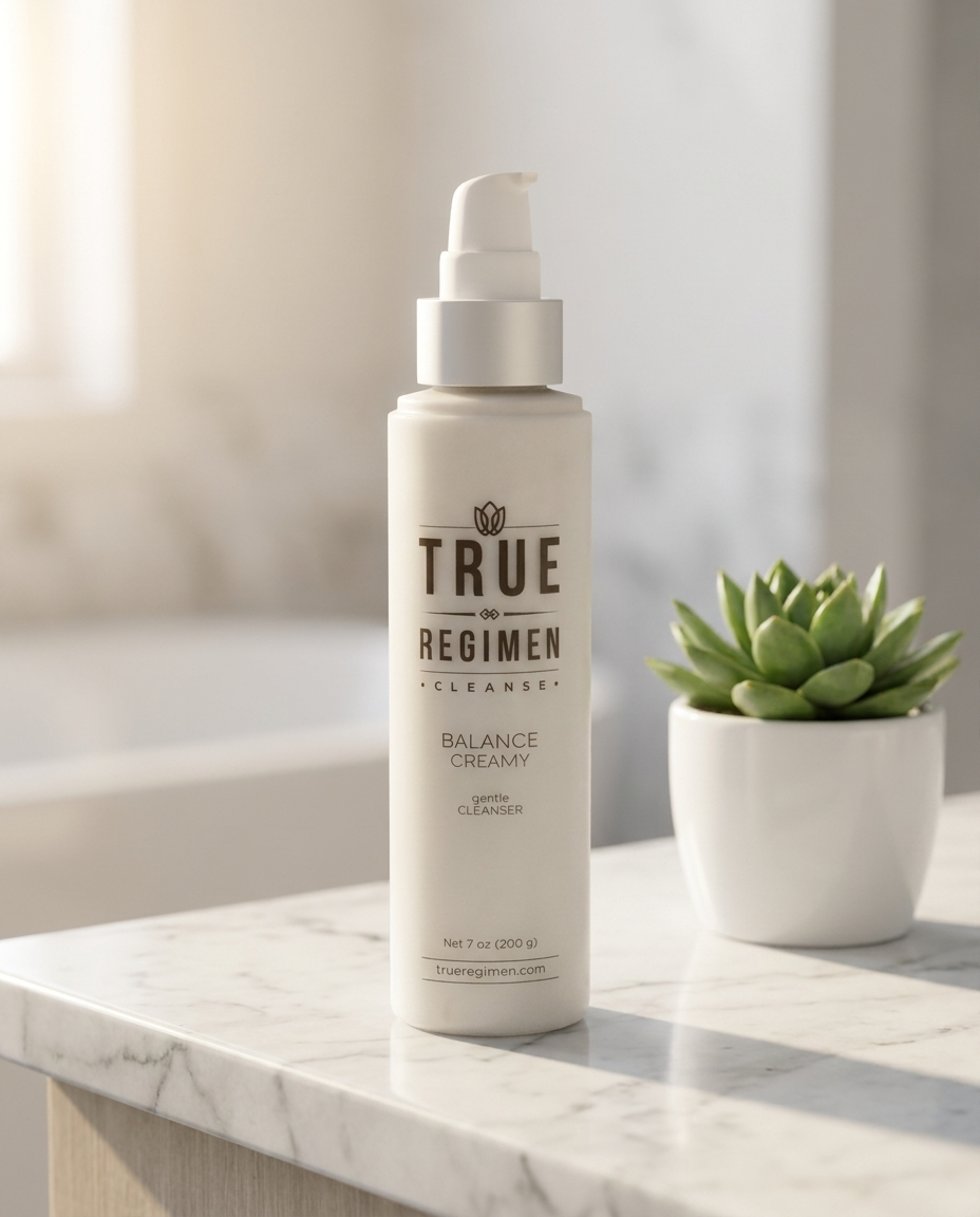 True Regimen Balance Creamy Cleanser styled on a marble vanity in soft window light
