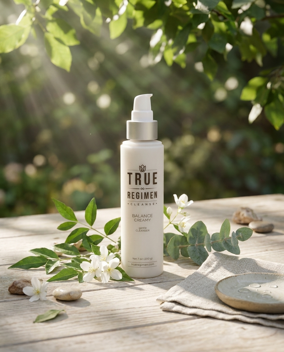 True Regimen Balance Creamy Cleanser beside a white towel in a bright, airy bathroom setting