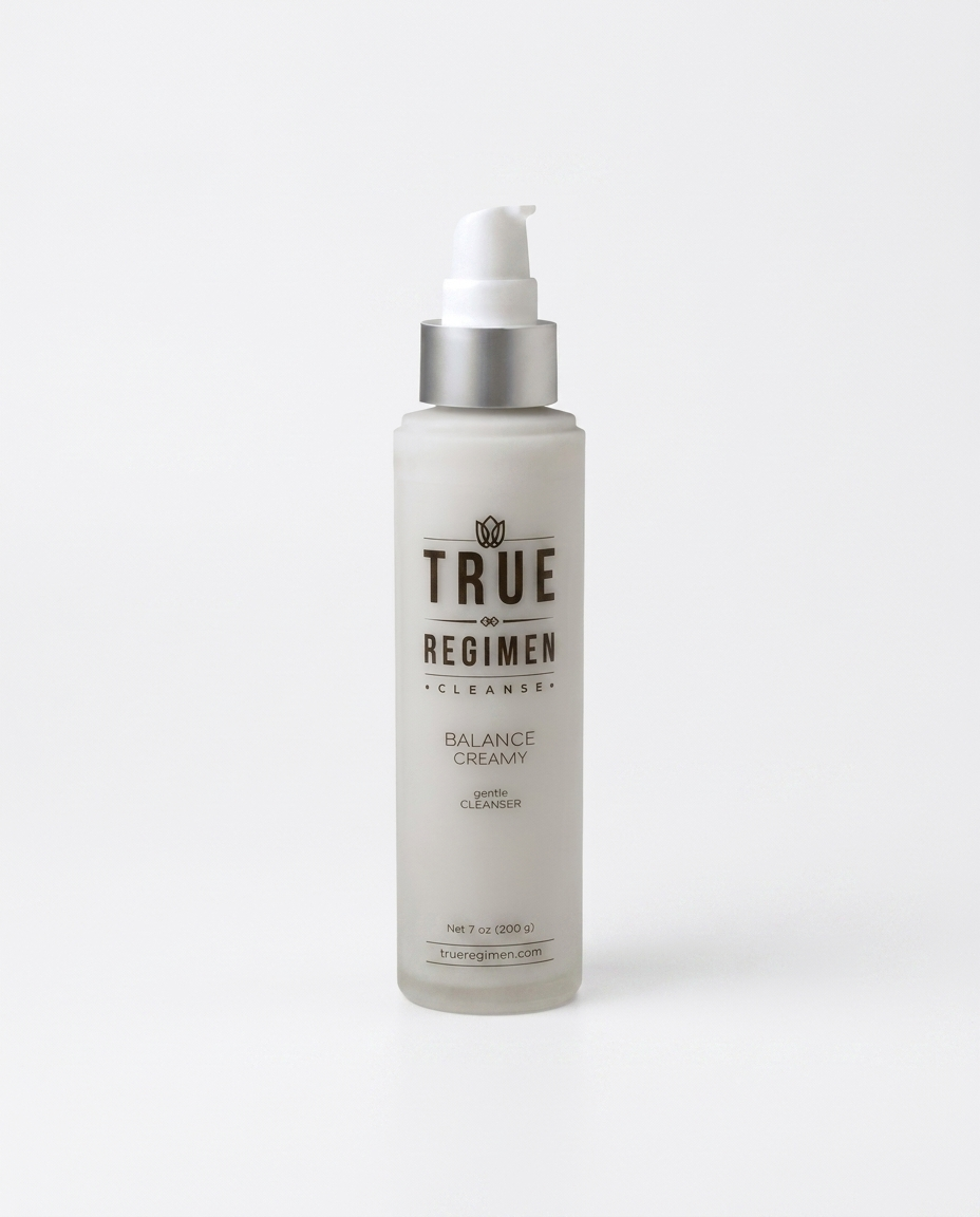 True Regimen Balance Creamy Cleanser lifestyle close-up highlighting the soothing cleanser for dry, sensitive skin