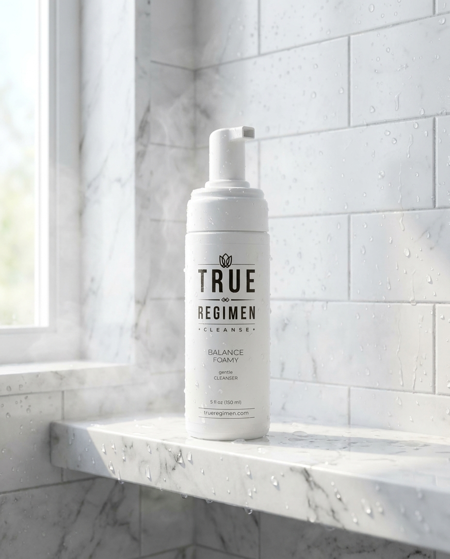 True Regimen Balance Foamy Cleanser beside a white towel in a bright, airy bathroom setting
