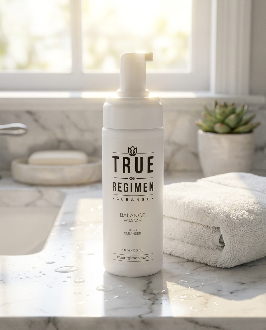 True Regimen Balance Foamy Cleanser lifestyle close-up highlighting the gentle cleanser for sensitive skin