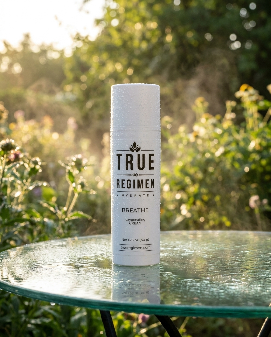 True Regimen Breathe oxygenating moisturizer lifestyle close-up highlighting its hydrating travel-friendly formula
