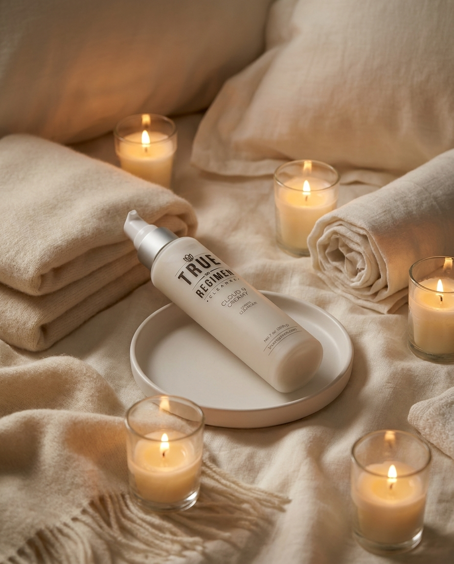 True Regimen Cloud 9 Creamy Cleanser styled on a marble vanity in soft window light