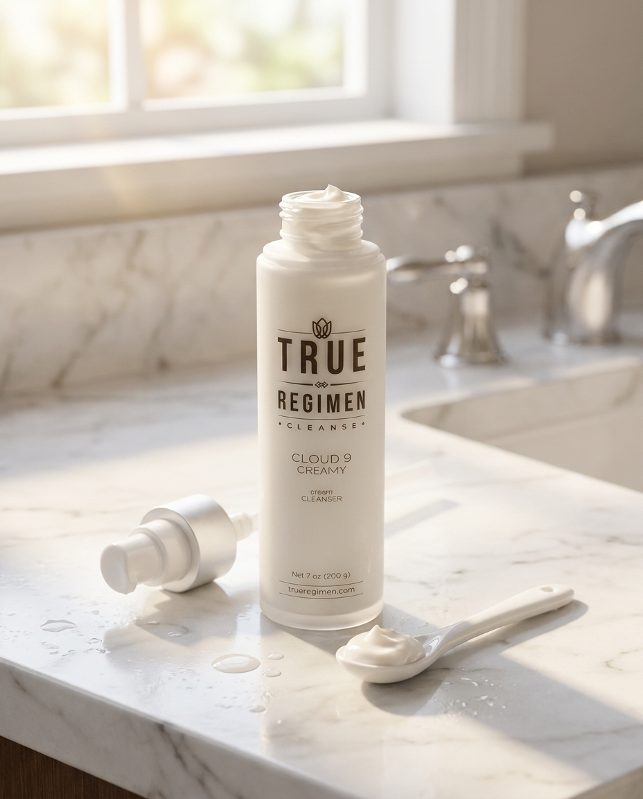 True Regimen Cloud 9 Creamy Cleanser beside a white towel in a bright, airy bathroom setting