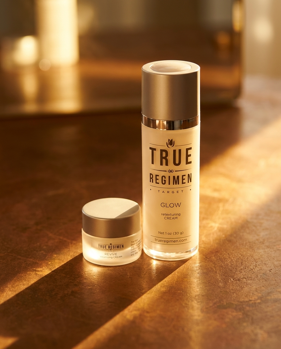 True Regimen Glow Kit with the Glow and Revive bottles styled on a marble vanity in soft window light
