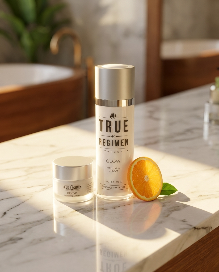 True Regimen Glow Kit duo arranged beside white towels in a bright, airy bathroom setting