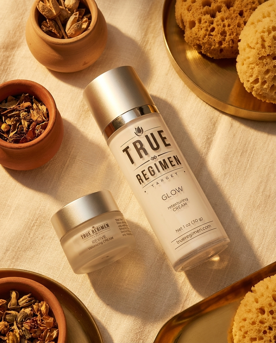 True Regimen Glow Kit lifestyle close-up highlighting the retexturing and brightening treatment pairing