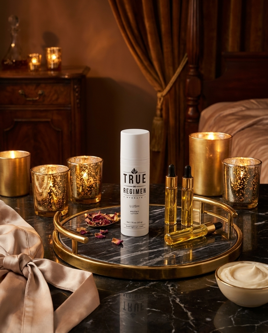 True Regimen Lush barrier lotion lifestyle close-up emphasizing its emollient ceramide-rich formula