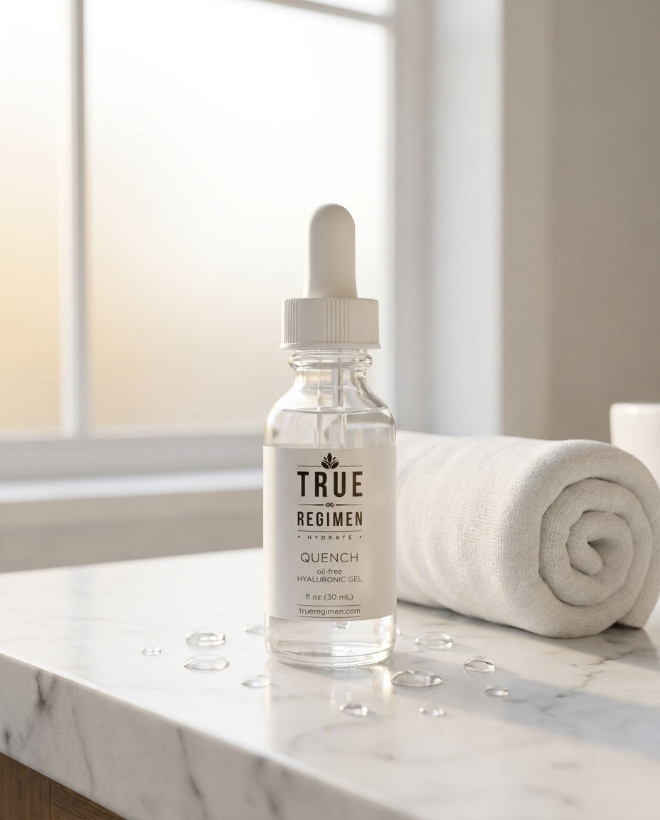 True Regimen Quench hydrating gel styled on a marble vanity in soft window light