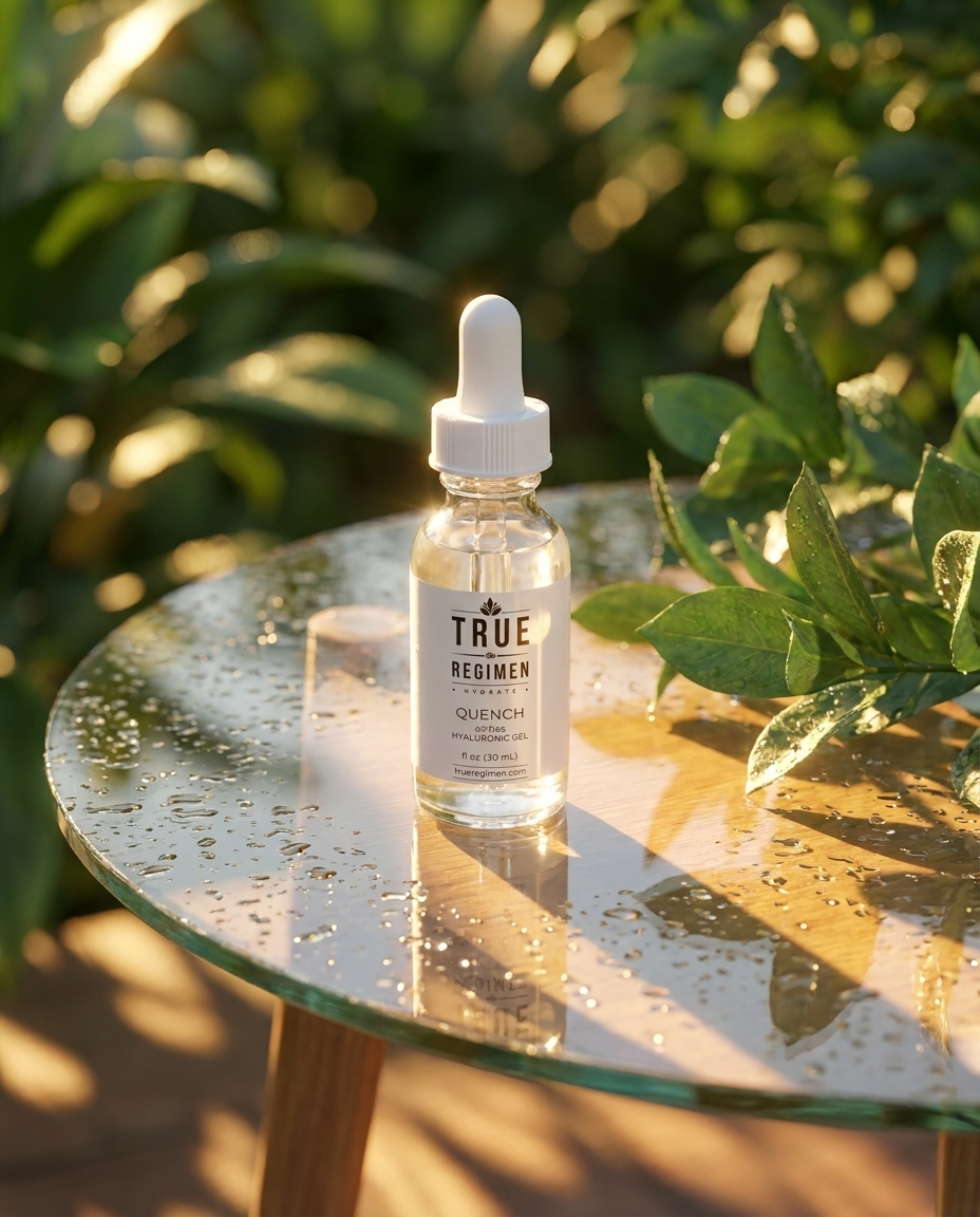 True Regimen Quench hydrating gel beside a white towel and water droplets in a bright, airy bathroom setting