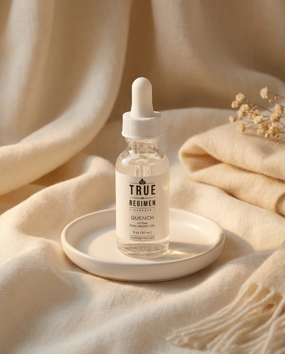 True Regimen Quench hydrating gel held in hand, lifestyle close-up emphasizing the lightweight oil-free formula