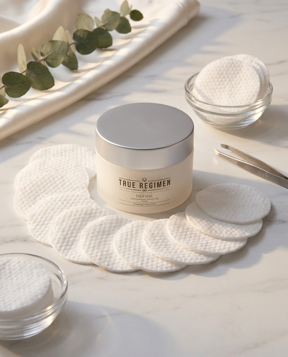 True Regimen Refine Peel Pads beside a white towel in a bright, airy bathroom setting