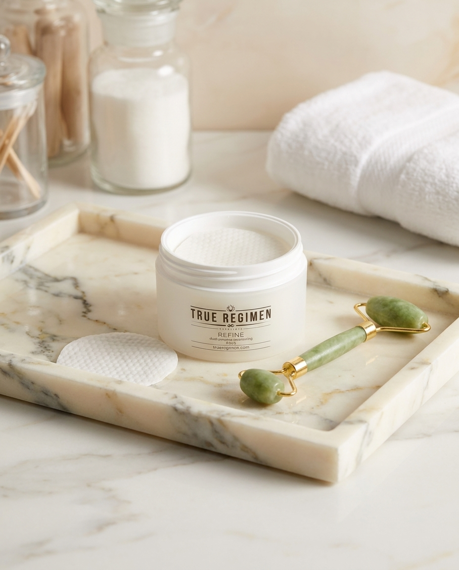 True Regimen Refine Peel Pads lifestyle close-up highlighting the daily salicylic acid exfoliating treatment