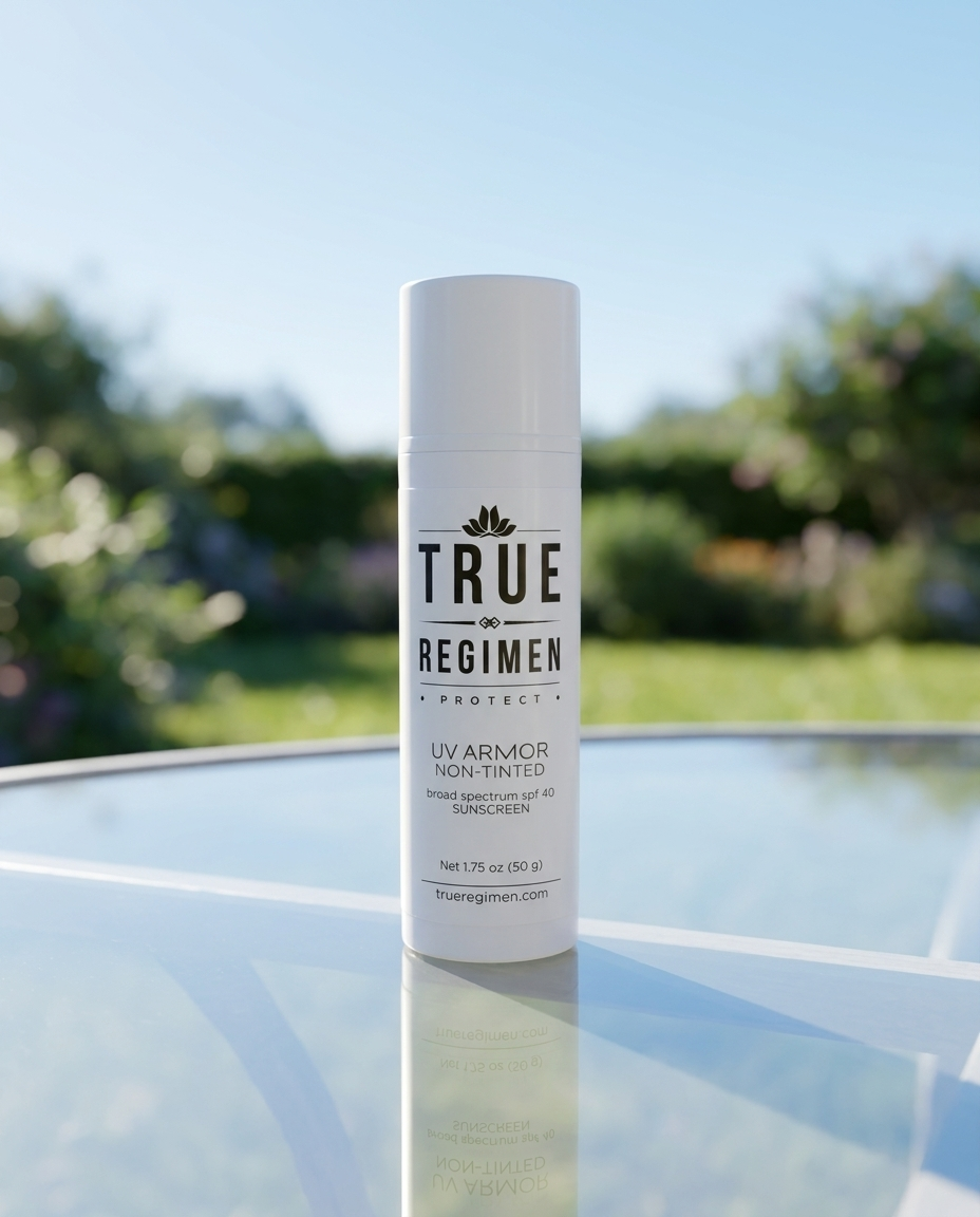 True Regimen UV Armor Non-Tinted Sunscreen styled on a marble vanity in soft window light