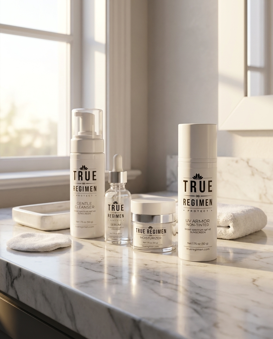 True Regimen UV Armor Non-Tinted Sunscreen beside a white towel in a bright, airy bathroom setting
