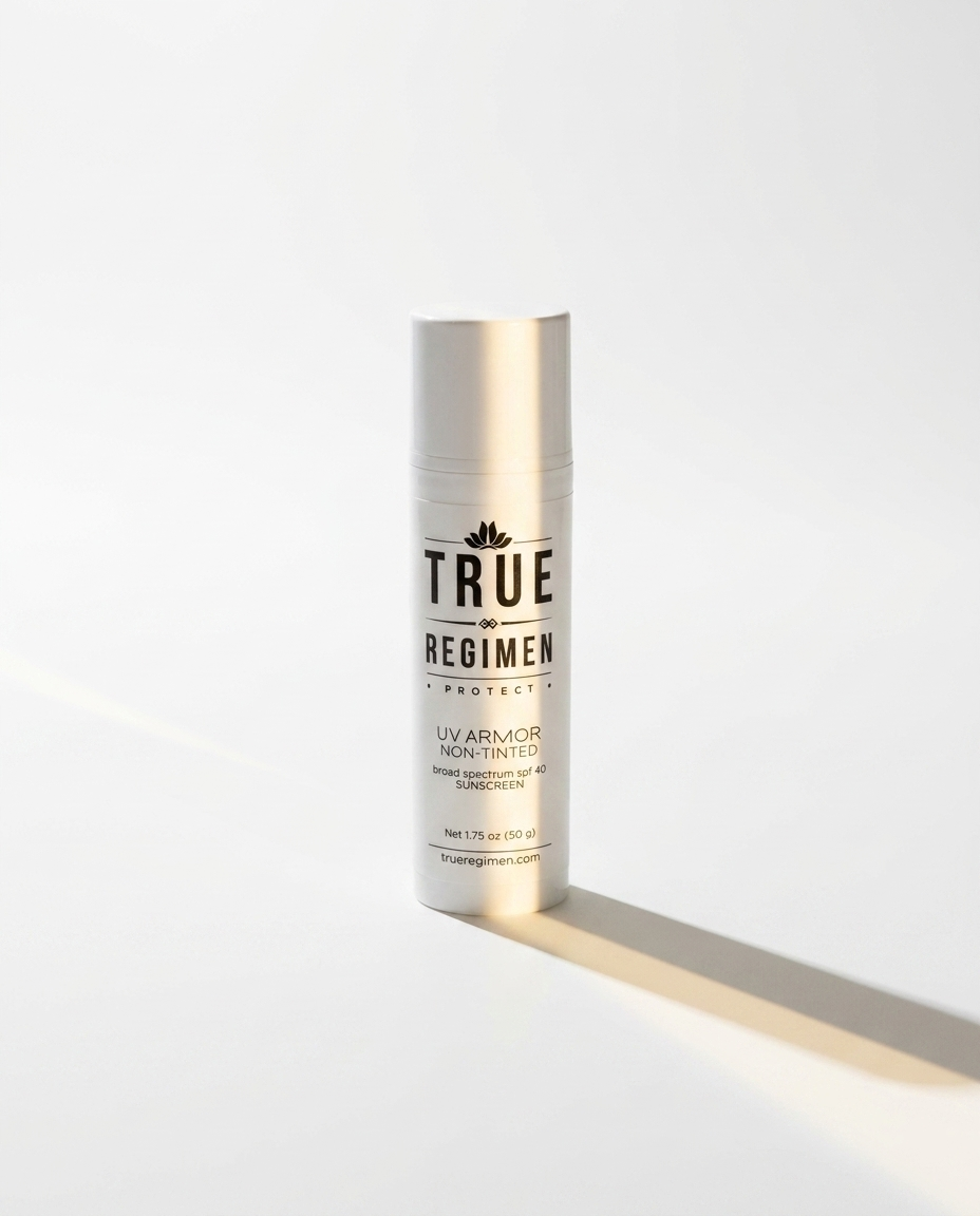 True Regimen UV Armor Non-Tinted Sunscreen lifestyle close-up showing the sheer, fast-absorbing physical sunscreen
